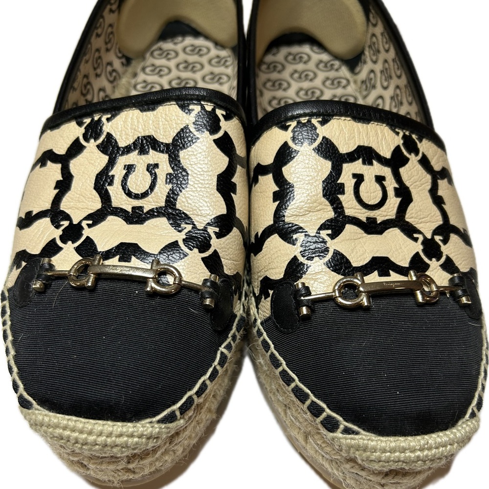 Salvatore Ferragamo Black and Cream Espadrilles with Geometric Design